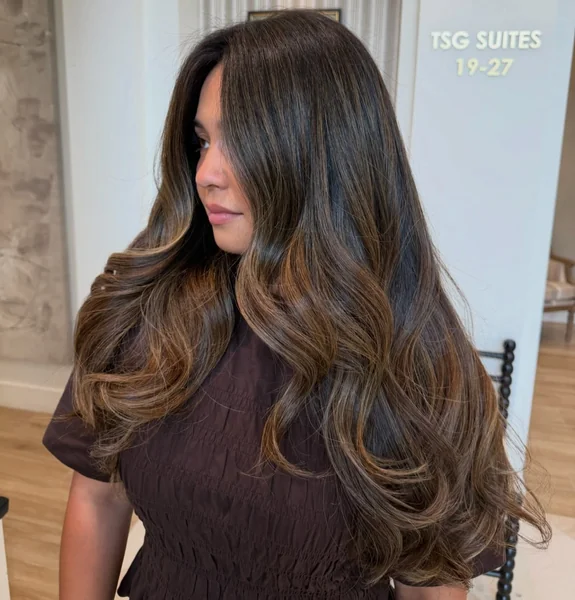 Long Brunette Waves with Warm Balayage
