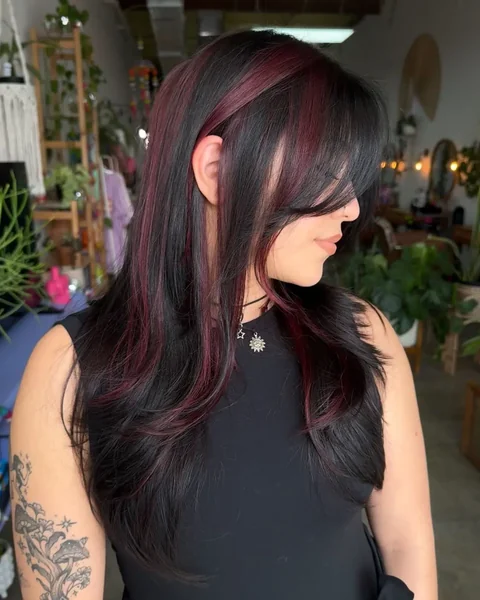 Burgundy Streaks with Side Bangs
