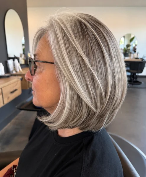 Highlighted Gray-Blonde Layered Bob