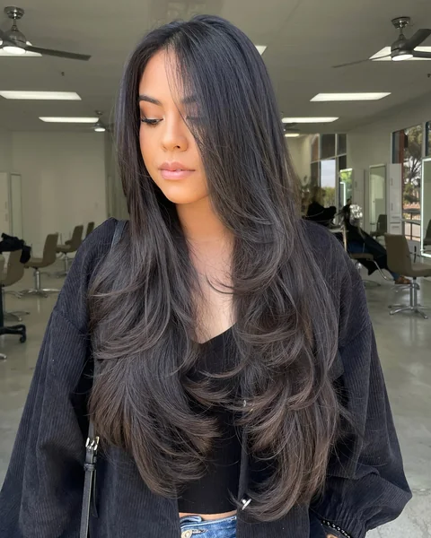 Dark Layers with Curtain Bangs