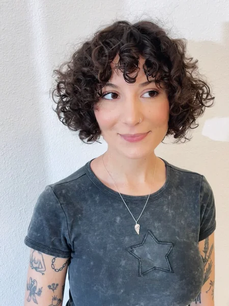 Dark Curly Bob with Curly Bangs