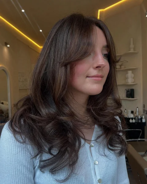 Long Layered Brunette with Soft Bangs