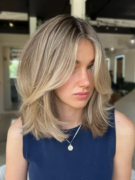 Bronde Layered Lob with Curtain Bangs
