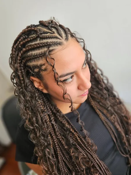 Brown Cornrows with Boho Curly Braids