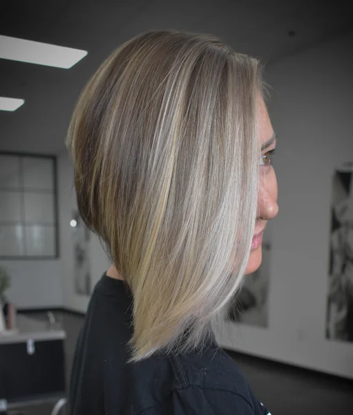 Long Silver Blonde Angled Bob
