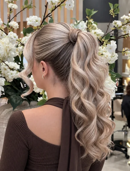High Wavy Ponytail with Wrapped Base