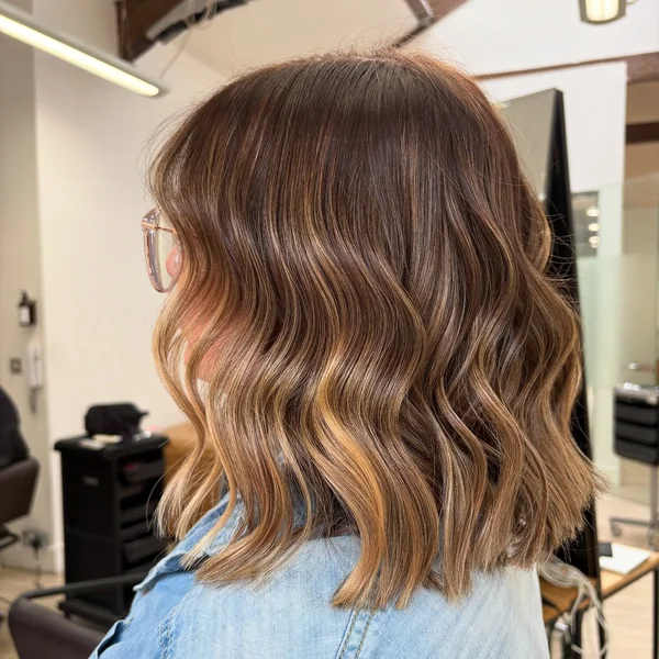 Brunette Wavy Long Bob with Caramel Balayage