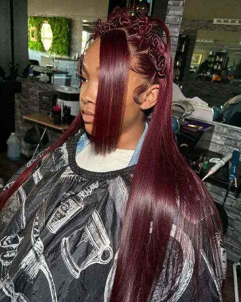 Burgundy Straight Hair with Curly Top Knots