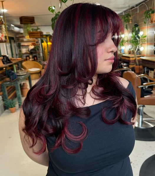 Butterfly Layers with Bangs, Burgundy Highlights