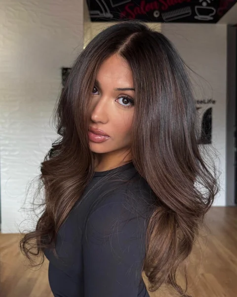 Sleek Brunette Waves with Caramel Tones