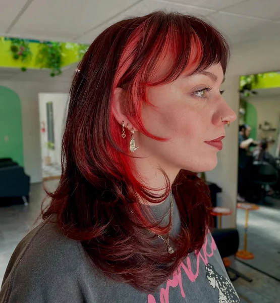 Wine Red Hair with Red Bangs
