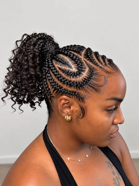 Cornrows into High Curly Ponytail
