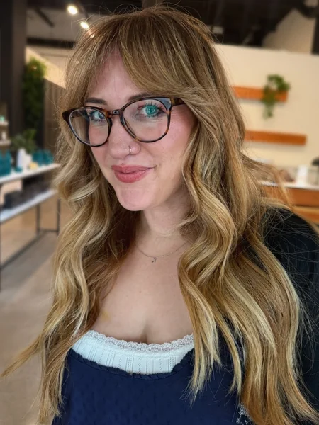 Honey Blonde Waves with Curtain Bangs