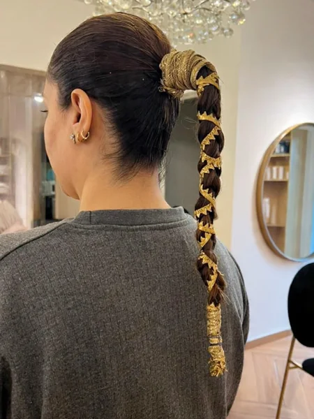 Gold Ribbon Wrapped Ponytail Braid