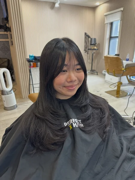 Korean Curtain Bangs on Long Black Hair