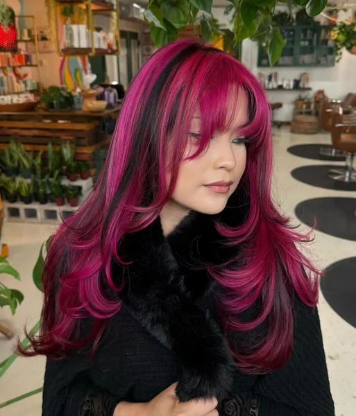 Hot Pink and Black Layers with Bangs