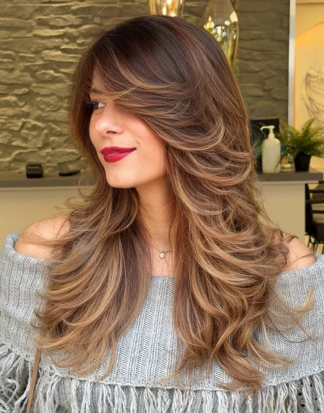 Caramel Butterfly Layers with Side Bangs