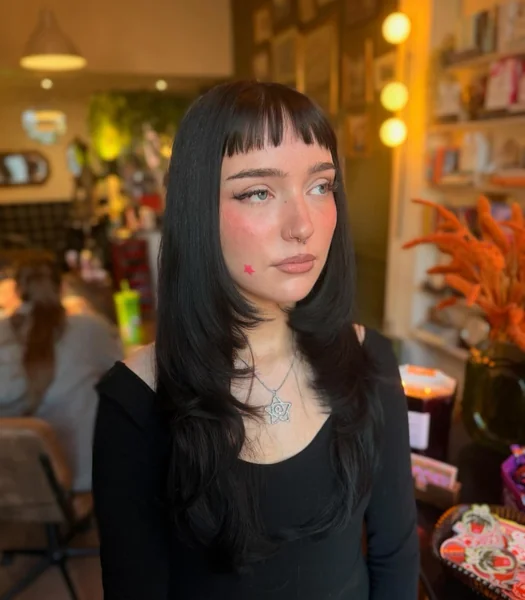 Jet Black Layers with Micro Bangs