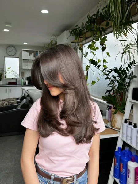 Ashy Brown Curtain Bangs Side Profile