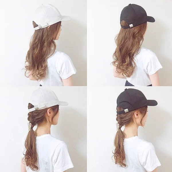 Baseball Cap Hairstyle Collage Waves and Ponytail