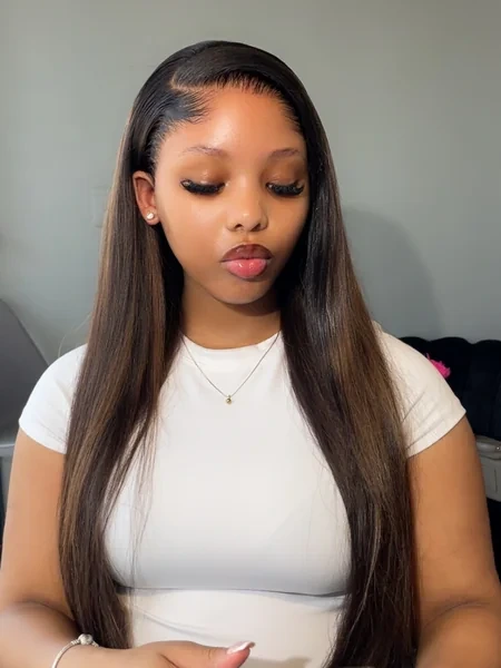 Black Straight Wig with Brown Highlights