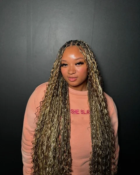 Blonde Boho Knotless Braids with Voluminous Curls Clean Background