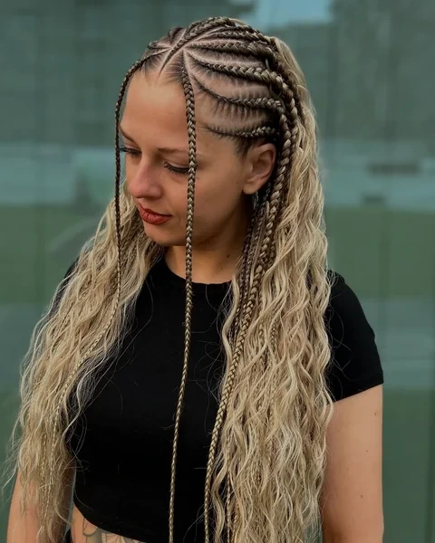 Blonde Fulani Braids with Boho Curls and Criss Cross Cornrow Design