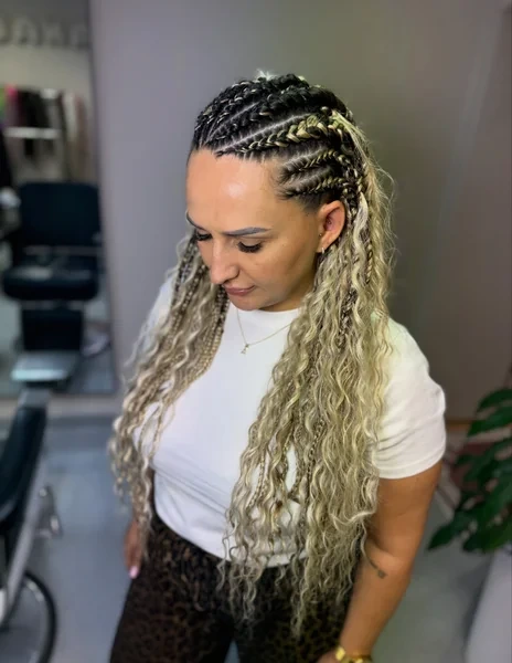 Blonde Fulani Braids with Small Feed In Cornrows and Boho Curls