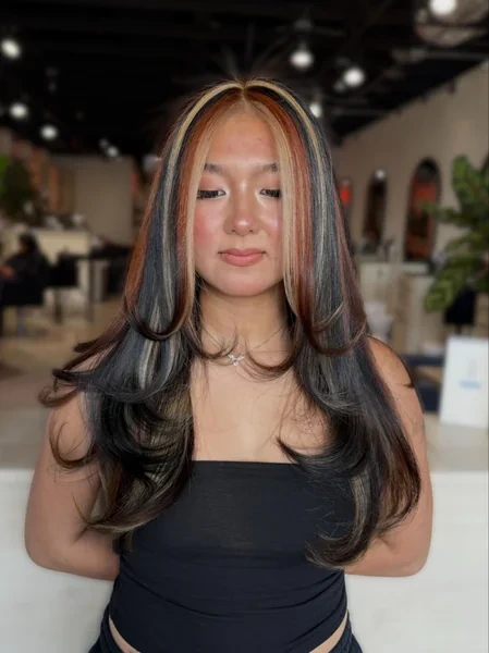 Bold Calico Hair on Straight Black with Copper Blonde