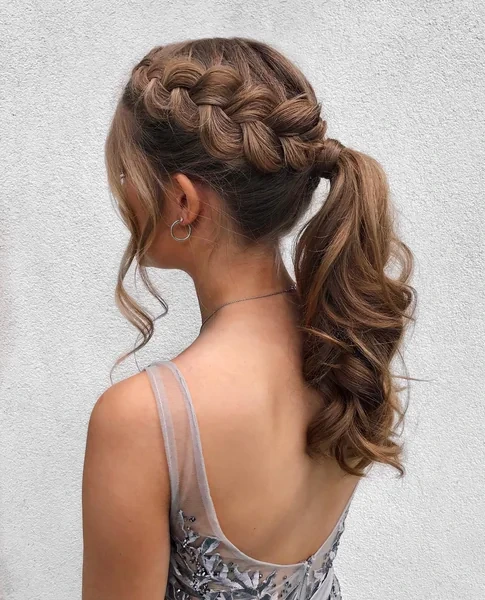 Braided Crown into Curly Ponytail