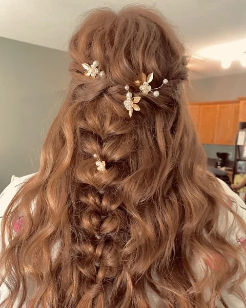 Braided Half Up with Gold Floral Pins