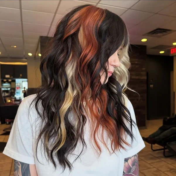 Calico Hair Black Red Blonde Color Block Wavy