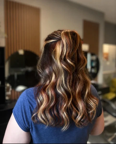 Calico Hair Color Hairstyles with Brown Red Blonde Half Up