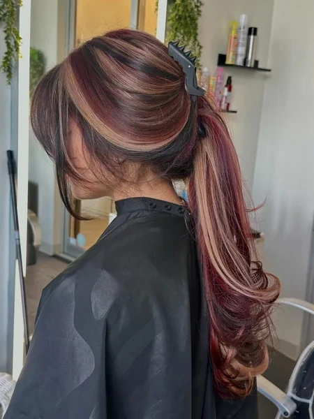Calico Hair Color in Ponytail with Burgundy Blonde