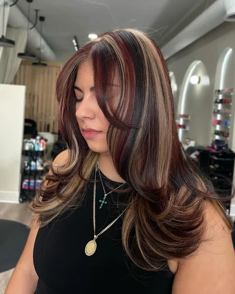 Calico Hair Color on Layered Blowout with Burgundy Caramel