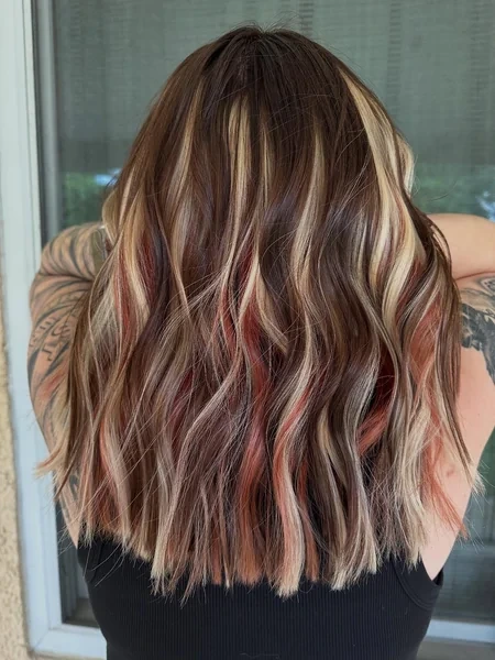 Calico Hair Color with Red Blonde on Medium Waves
