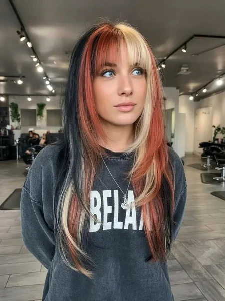 Calico Hair Straight with Bold Black Red Blonde Panels