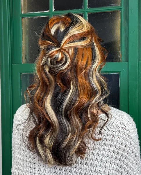 Calico Hair with Copper Blonde on Curly Half Up