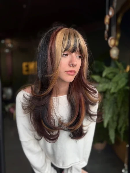 Calico Hair with Layers on Wolf Cut Black Blonde Burgundy