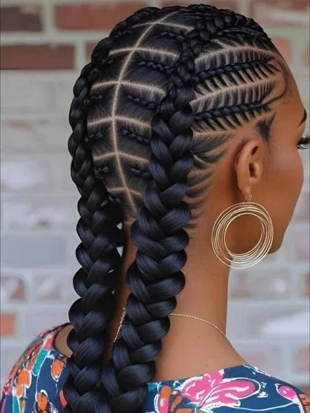 Checkerboard Cornrows Flowing into Jumbo Goddess Braids