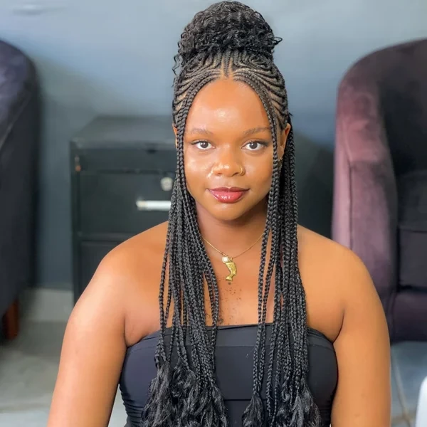 Cornrow High Bun with Face Framing Curls