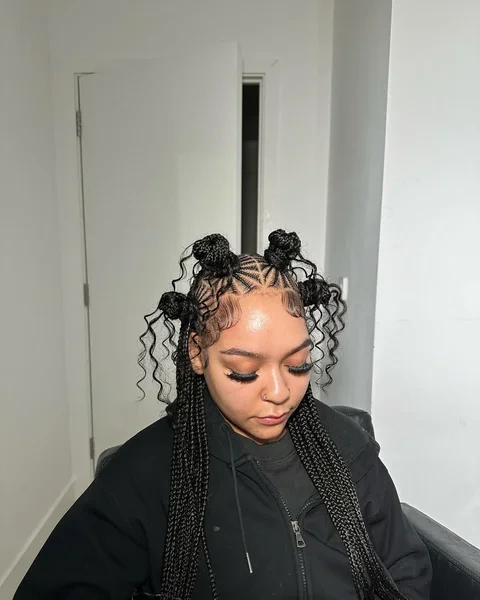 Cornrow Space Buns with Spider Web Pattern