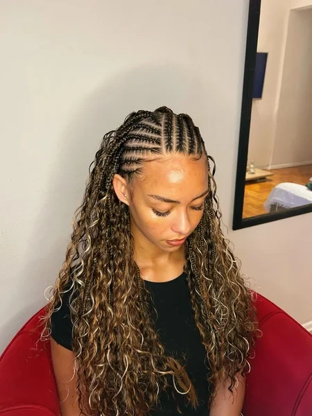 Cornrow Top with Long Boho Curly Twists and Blonde Highlights