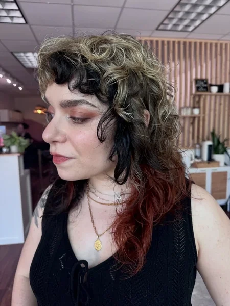 Curly Calico Mullet with Black Blonde and Auburn