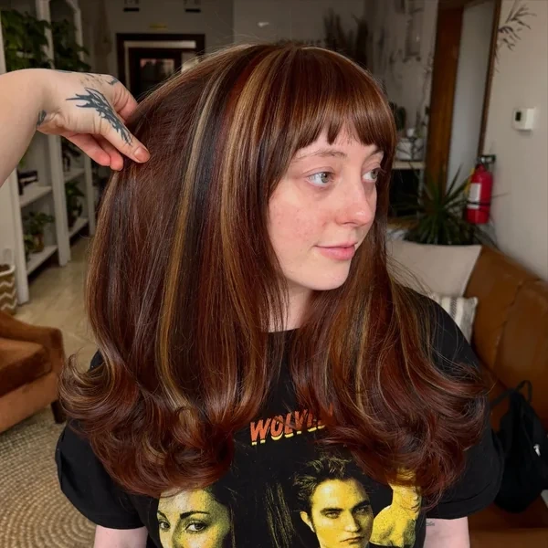 Dark Brown Calico with Copper Bangs and Waves
