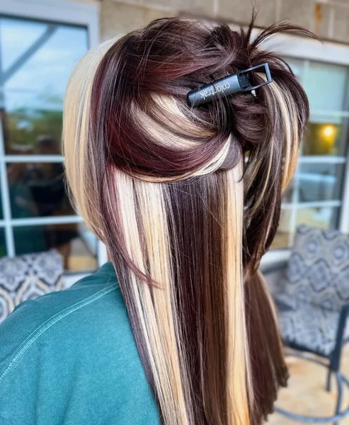 Dark Calico Half Up with Bold Blonde and Burgundy
