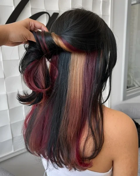 Dark Calico Half Up with Burgundy and Caramel Peekaboo