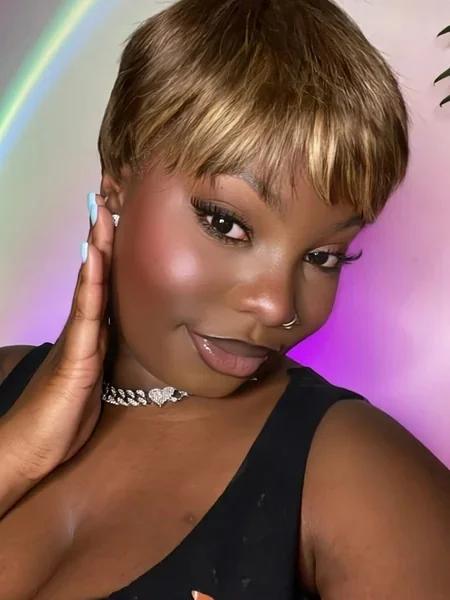 Dark Pixie Cut with Honey Blonde Highlights