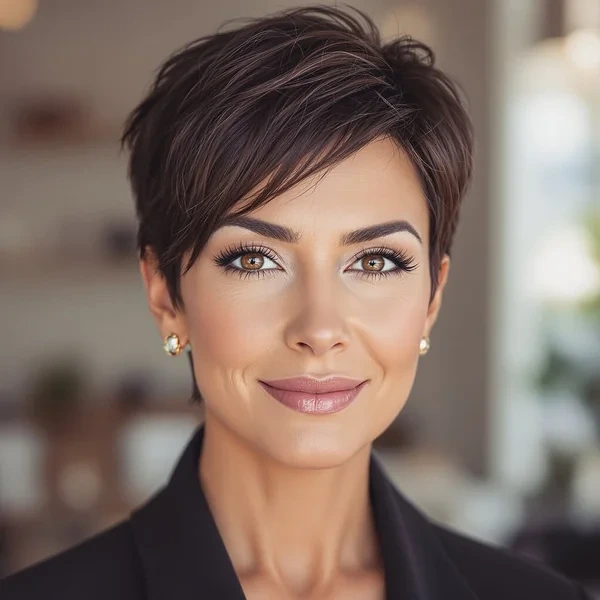 Deep Brunette Pixie with Sweeping Side Bangs