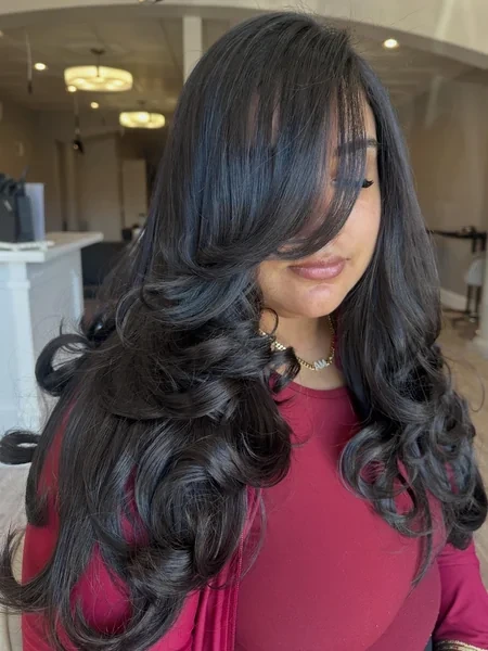Deep Side Part Long Black Curled Hair